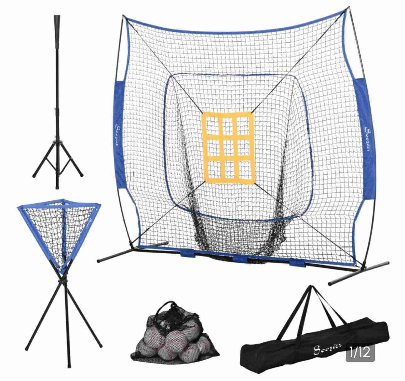 Soozier Baseball Practice Net Set with 7.5x7ft Catcher Net, Ball Caddy and Batting Tee, Portable Pitching Net with Carry Bag for Hitting, Pitching, Batting, Catching, Blue ( Slightly USED)