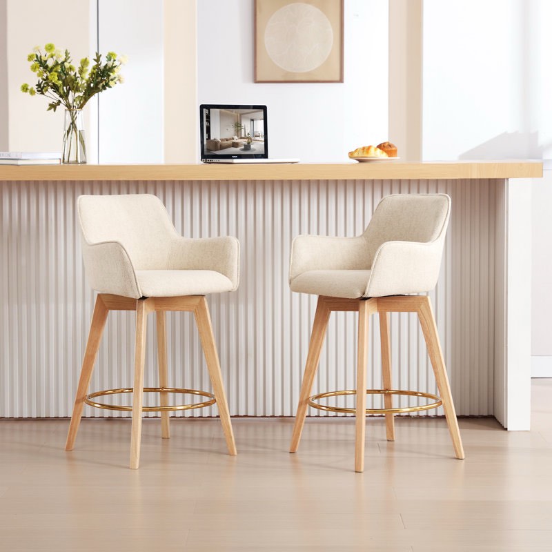 Lovetro Swivel Full Back Arms Upholstered 25.8"H Counter Stool with Solid Rubberwood Frame and Gold Footrest (Set of 2)