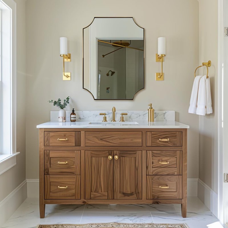 Tariro Contemporary Notched Corner Scalloped Rectangle Bathroom Wall Mirror | Stainless Steel Frame (Gold)