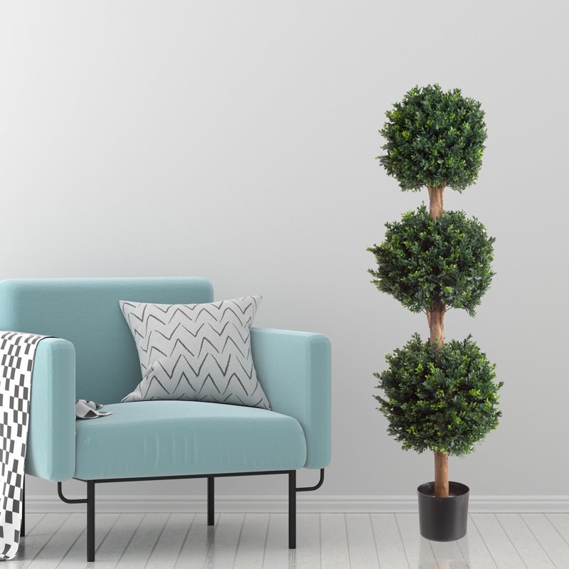 Darby Home Co Artificial Tree - 5FT Faux Hedyotis Topiary Ball Plant in Weighted Pot - Fake Plants for Indoor Display or Front Porch Decorations