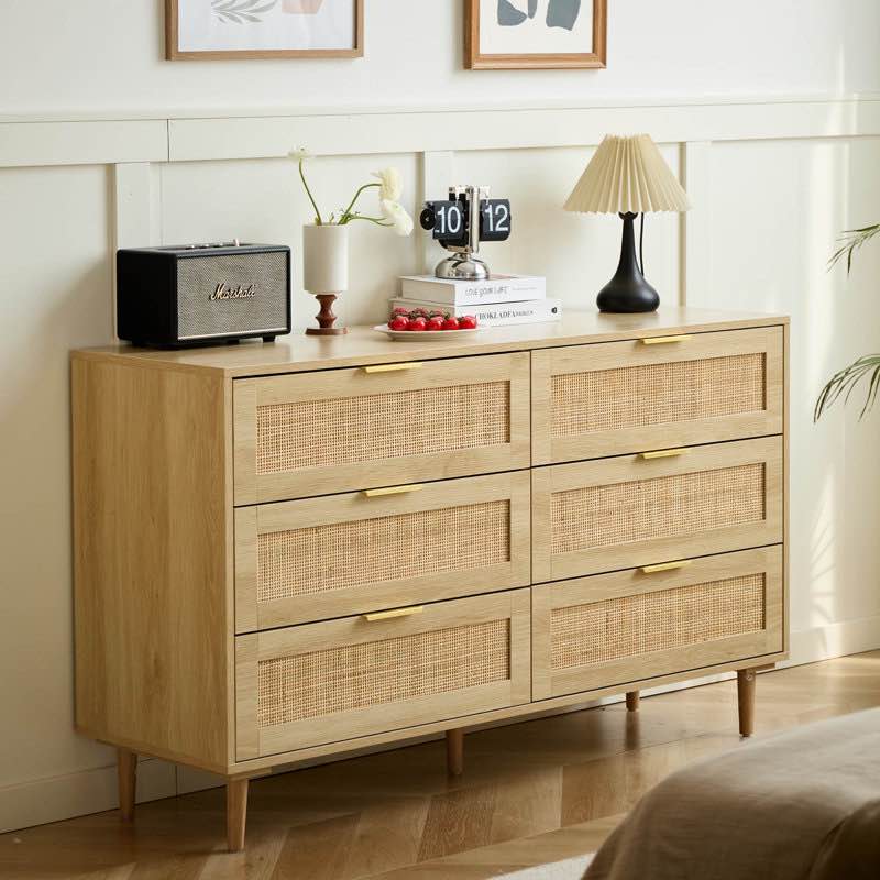 Aimara 51" Rattan 6 Drawer Dresser for Bedroom, Boho Wood Dresser with Gold Handles & Wood Legs, Commode