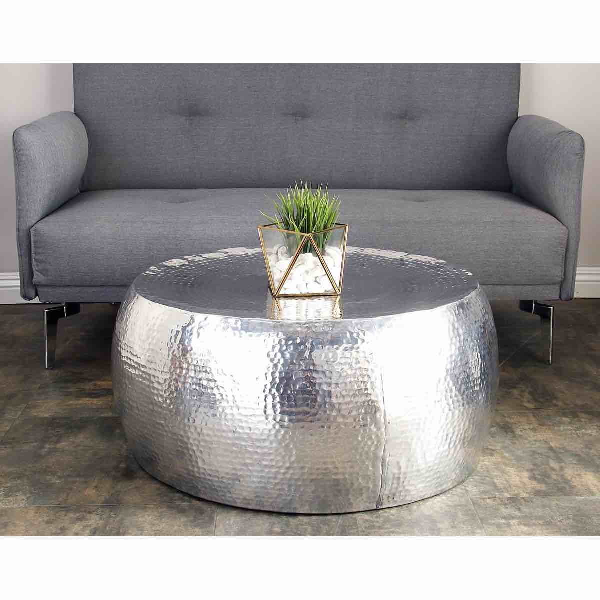 Beardall Silver Aluminum Metal Drum Shaped Living Room Coffee Table with Hammered Design