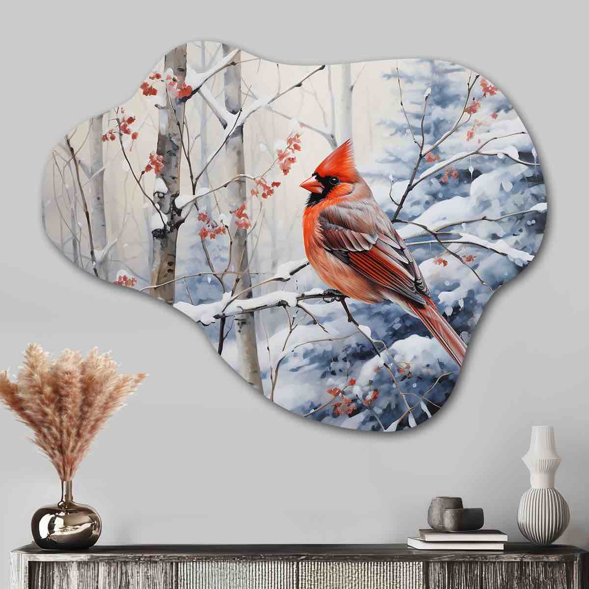 Canada Red Cardinal Bird Winter Wonderland I - Canada Cloud Shape Asymmetric Metal Wall Sculpture