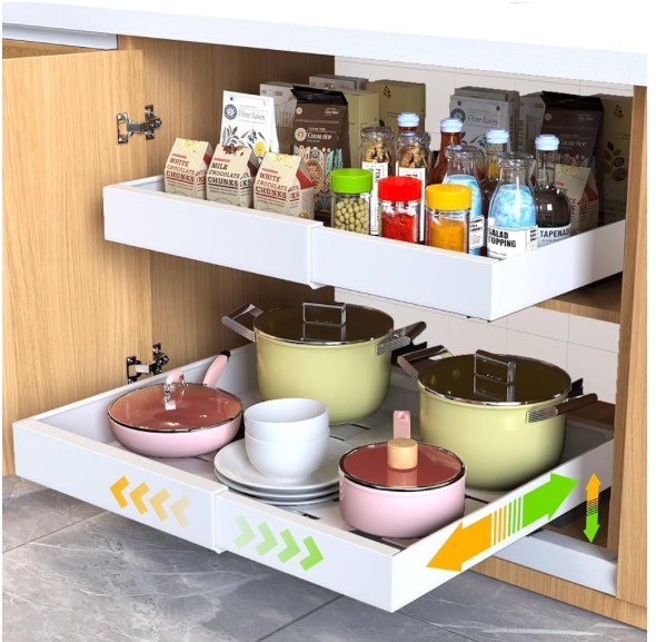 2 Pack Pull Out Cabinet Organizer 21" Deep Expandable Slide Out Drawer Organizers,No Drill Pull Out Drawers Adhesive with Nano Compatible Framed Cabinets Shelves For Kitchen Pantry Adjustable Width
