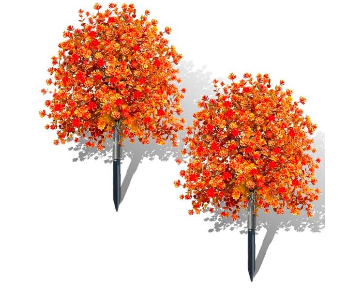 2 Pack Artificial Boxwood Topiary Ball Trees with Fall Flowers & Ground Spikes for Outdoor, UV Resistant Artificial Shrubs Faux Plants Fake Bushes Look Real for Garden Porch Yard Patio