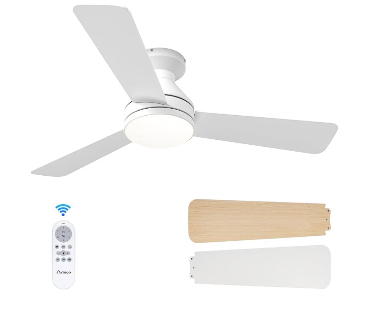 Amico Ceiling Fans with Lights, 42 inch Low Profile Ceiling Fan with Light and Remote Control, Flush Mount, Reversible, 3CCT, Dimmable, Noiseless, White Ceiling Fan for Bedroom, Indoor/Outdoor Use