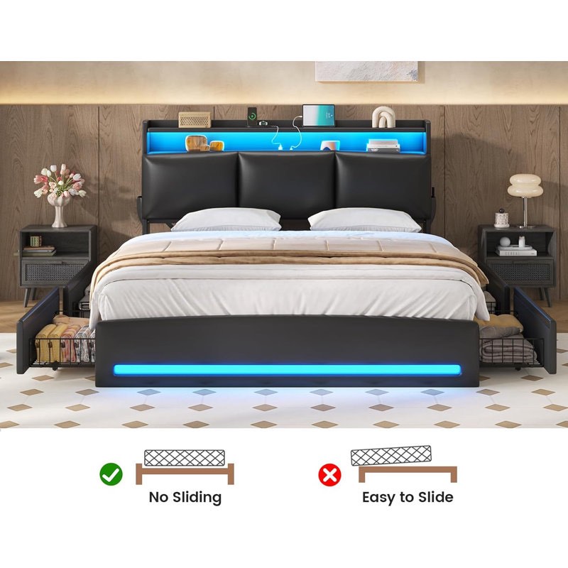 Full Size Upholstered Platform Bed Frame with Charging Station, 4 Drawers and LED Lights, Heavy Duty, No Box Spring Needed
