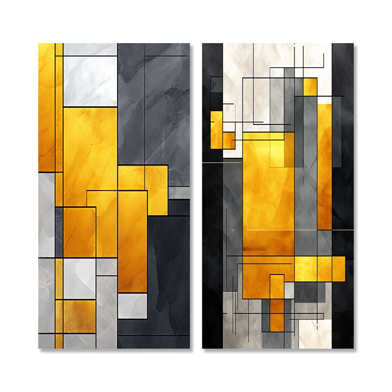 Yellow And Grey Geometric Fusion I - Abstract Geometric Canvas Art Print Set Of 2