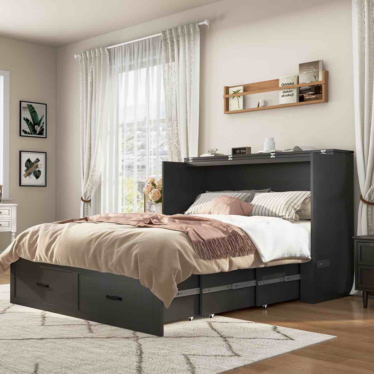 Queen Size Murphy Chest Bed with Drawer and Charging Station, Farmhouse Wood Space-Saving Hidden Folding Beds Chest, Multifunctional Storage Cabinet Bed