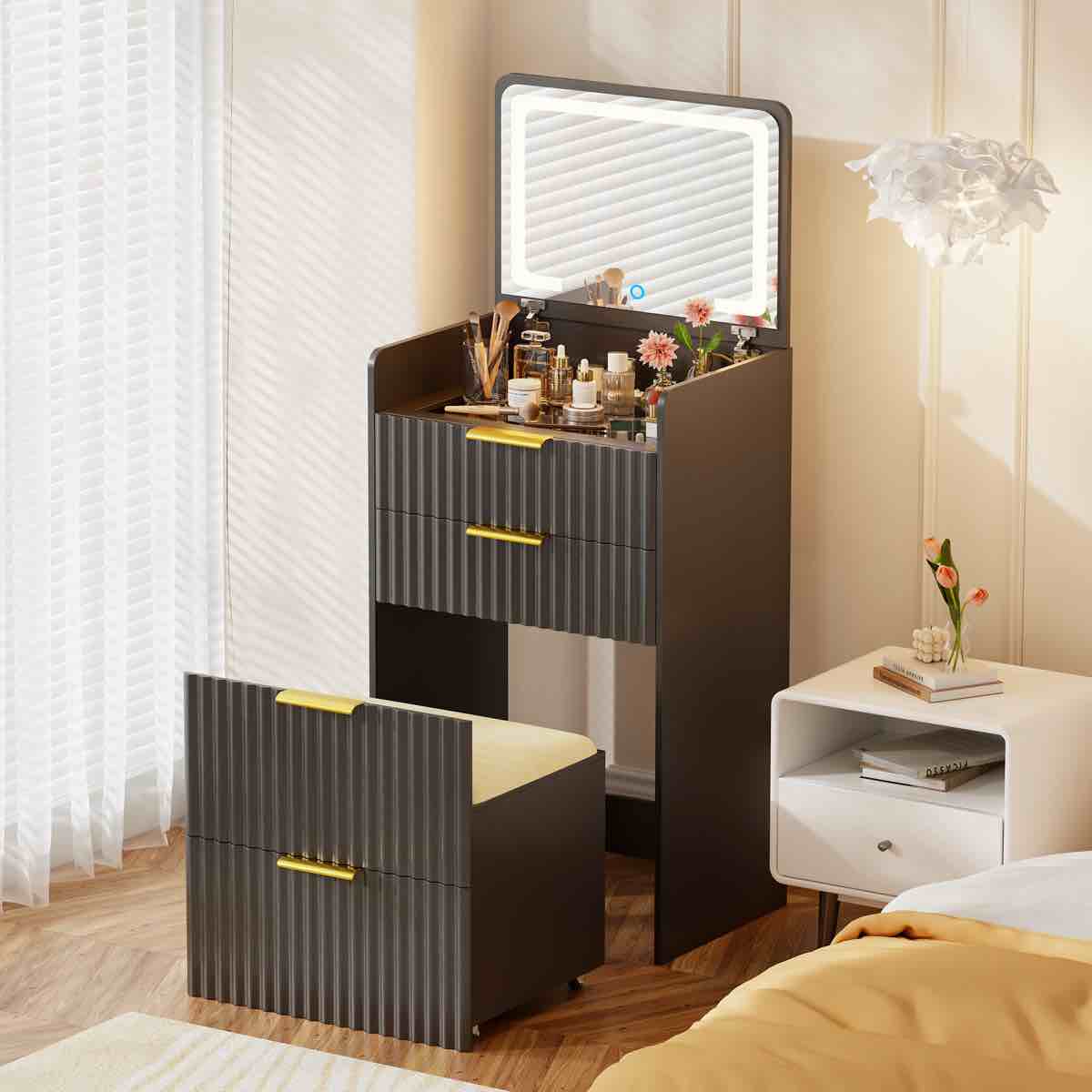 Compact Vanity Desk With Flip-up Led Mirror, Glass Drawer, And Hidden Stool Storage