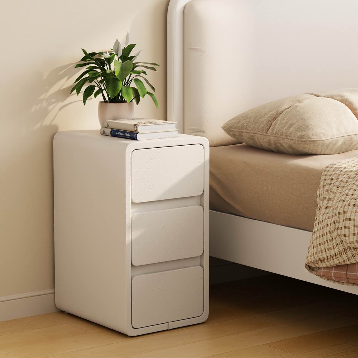 Narrow Nightstand - Narrow Bedside Table with Drawers, Small Nightstand with Leather Surface for Bedroom, White
