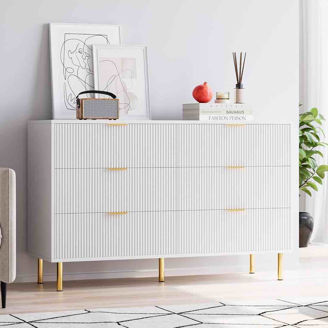 Garvee Fluted White Dresser with 6 Drawers