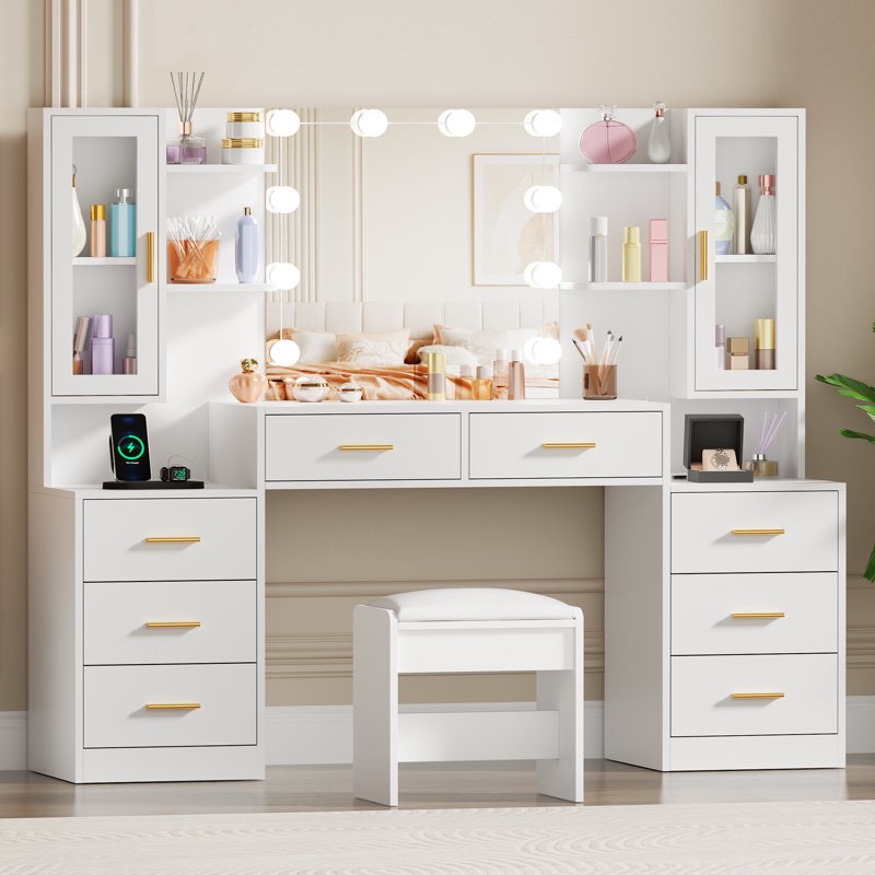 Adriel 59.1" Large Vanity Desk Table With Mirror & Lights, Power Outlet And 8 Drawers 2 Cabinets By Wrought Studio™