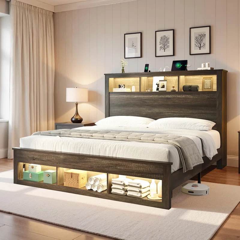 Sherell Bed Frame with Bookcase Storage Headboard and Footboard, LED Lights, Charging Station By Latitude Run®
