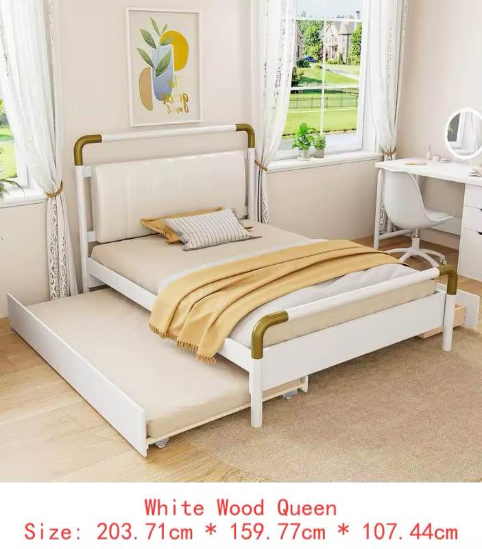 Queen Wooden Storage Platform Bed with 2 Large Drawers and T-XL Trundle in White