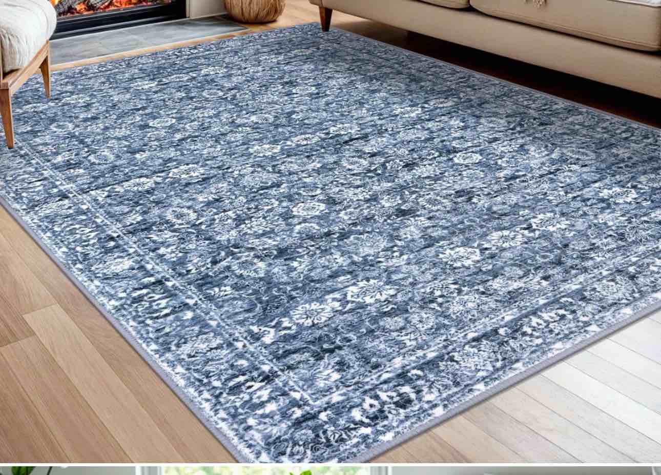 Blue Area Rug Washable Rug For Living room With Rubber Backing ( 5' x 7') 