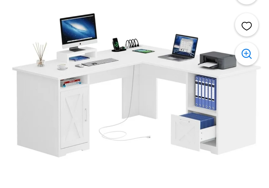 YITAHOME L Shaped Desk with Power Outlets, 60 Inch Computer Desk Corner Desk with File Drawer, Home Office Desk with Monitor Stand & Storage Shelves, L-Shaped Desk with File Cabinet, White