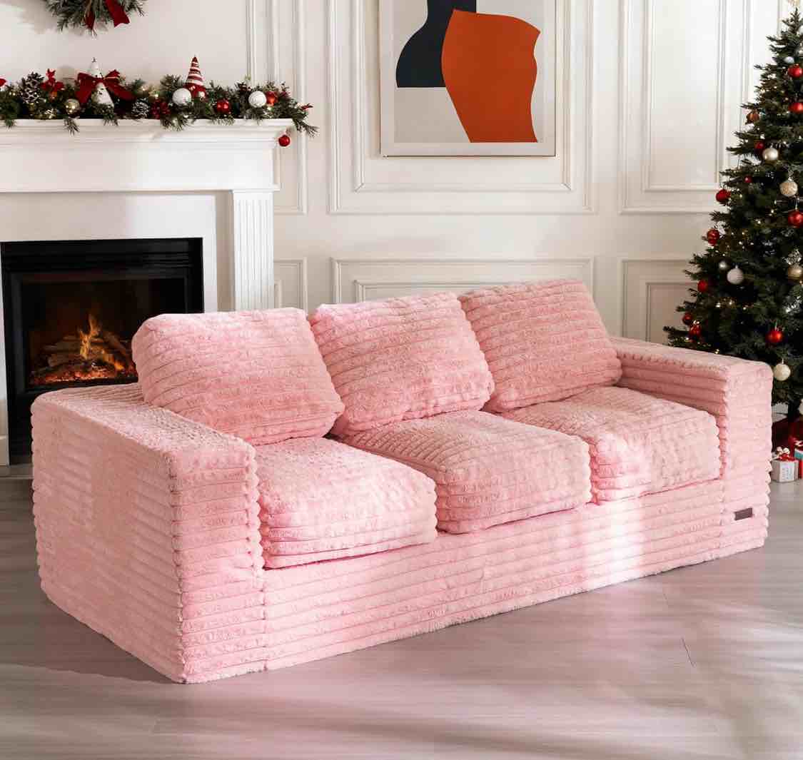 MAXYOYO 3-Seater Boneless Sofa Couch in a Box, Modern Faux Fur Sofa for Living Room, Soft High-Density Foam Couch with Pillows, Fluffy & Supportive Chair Lounge, No Assembly Required, Pink