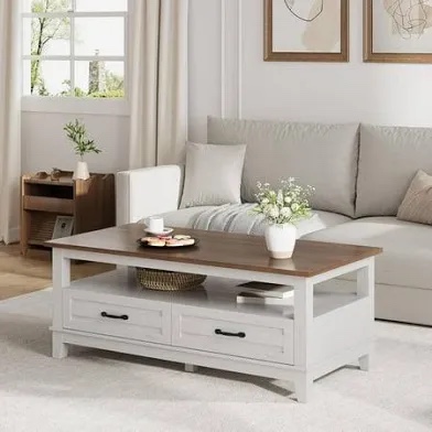 47.24" Farmhouse Coffee Table With Drawers, Rustic Coffee Table Wood Center Table, Easy Assembly Living Room Table For Office, Parlor, Reading Room,