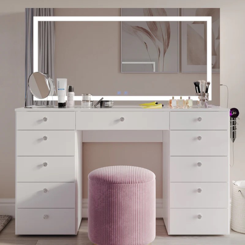 lydia extra-large makeup vanity with bluetooth speakers and led mirror (1 of 3 boxes)