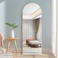 full length mirror with stand, 63" x 20" full body mirror leaning standing wall mounted floor mirror, aluminum alloy frame modern home decor for bedroom living room, arched-64in-gold