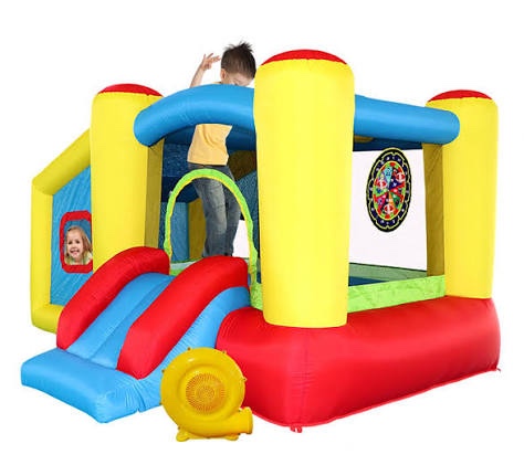 inflatable bounce house with blower, jumping castle slide, kids bouncer with ball pit, basketball rim, dart target game
