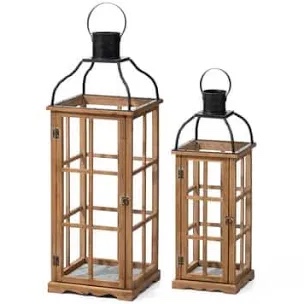 glitzhome farmhouse wood metal candle lanterns tall vintage decorative candle holders set of 2 shutter style distressed floor lanterns rustic outdoor lantern for wedding garden, natural, no glass