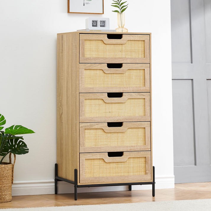 Garvee Rattan Dresser 5-Drawer Tall Chest Oak Color + Multifunctional Storage