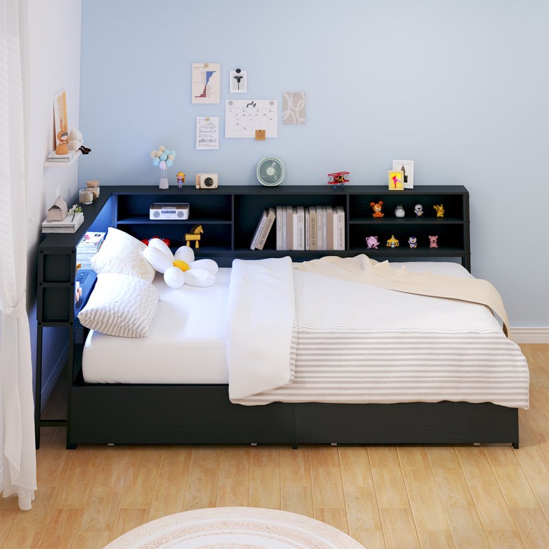 Corner Bed Frame with Storage Bookcase, Twin Daybed with Storage Drawers Underneath, Kids Bed Unit with Charging Station and LED Light By Ivy Bronx