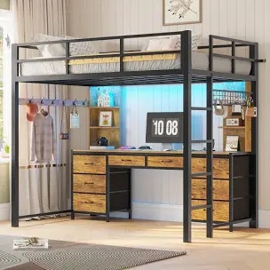 Loft Bed With Desk And Charging Station, Metal Loft Bed With 8 Drawers