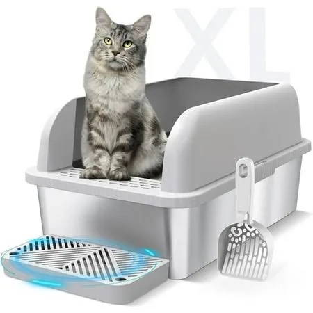 Enclosed Stainless Steel Cat Litter Box with Lid Extra Large Litter Box for Big Cats XL Metal Litter Pan Tray with High Wall Sides Enclosure, Non-Sticky, Anti-Leakage, Easy Cleaning
