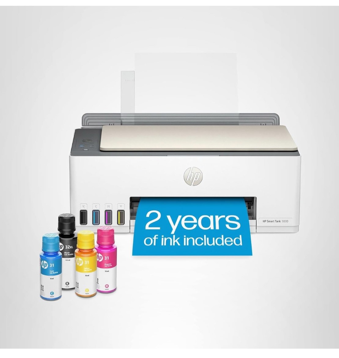 HP Smart Tank 5000 Wireless All-in-One Ink Tank Printer, Scanner, Copier with 2 Years of Ink Included, Best-for-Home, Cartridge-Free, Refillable, AI-Enabled (5D1B6A)