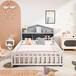 Full-size Montessori Floor Bed Headboard with Chalkboard and Storage