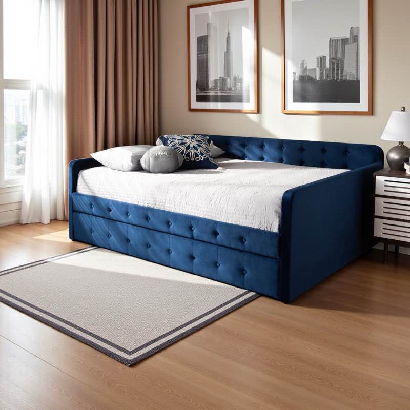 Isle Transitional Queen Size Blue Velvet Fabric Daybed, 33.04'' H X 84.79'' W X 61.94'' L (Incomplete box 1 of 2)