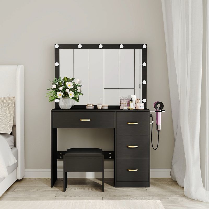 Modern 35" Makeup Vanity Table with Lighted Mirror and Cushion Stool
