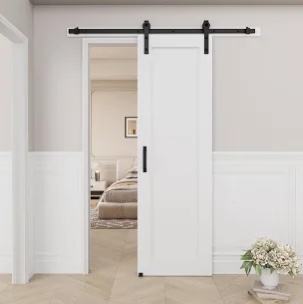 solid manufactured wood  panel white primed sliding barn door with installation hardware kit(no assembly required)