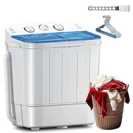 Erivess Compact Mini Twin Tub 18lbs Washing Machine with Drying Rack and 10 Hangers, 11 lbs Washer Mini Compact Laundry Machine and 7 lbs Spinner, Convenient and Efficient for Dorms, Apartment, Blue