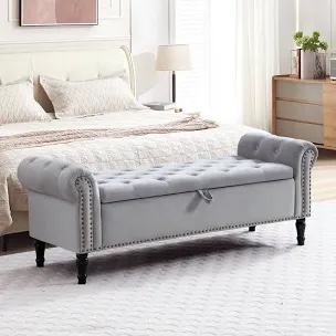 elvet Storage Bench 67 Inch Upholstered Tufted Ottoman Bench with Arms King Size End of Bed Bench for Bedroom Living Room Entryway Grey