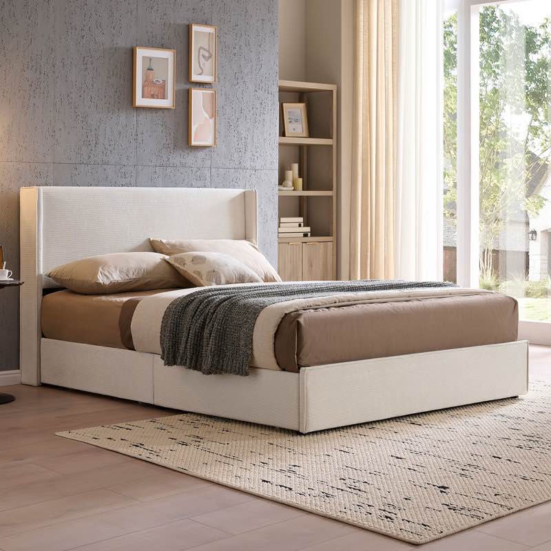 Modern Wingback Upholstered Platform Bed Frame with 4 Plastic Storage Drawers, Soft Corduroy Fabric, Sturdy Wood & Metal Construction, No Box Spring Needed, Easy Assembly (Incomplete)