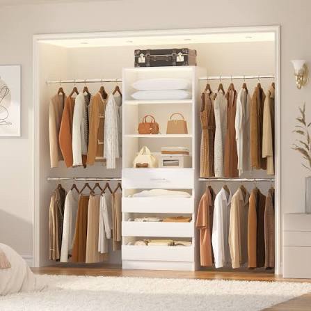 4-9ft closet organizer with 4 wooden drawers and 4 rods