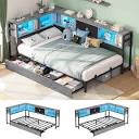 Twin Corner Bed Frame with Bookcase Storage and Led Lights Metal Platform Bed Frame Twin Size with Storage Drawers and Charging Station Twin Daybed for Living Room,Bedroom & Guest Room,Black