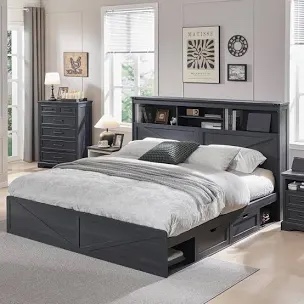 farmhouse king bed frame with headboard and power outlets,  wood platform bed with storage, 4 drawers ,led light, no box spring needed