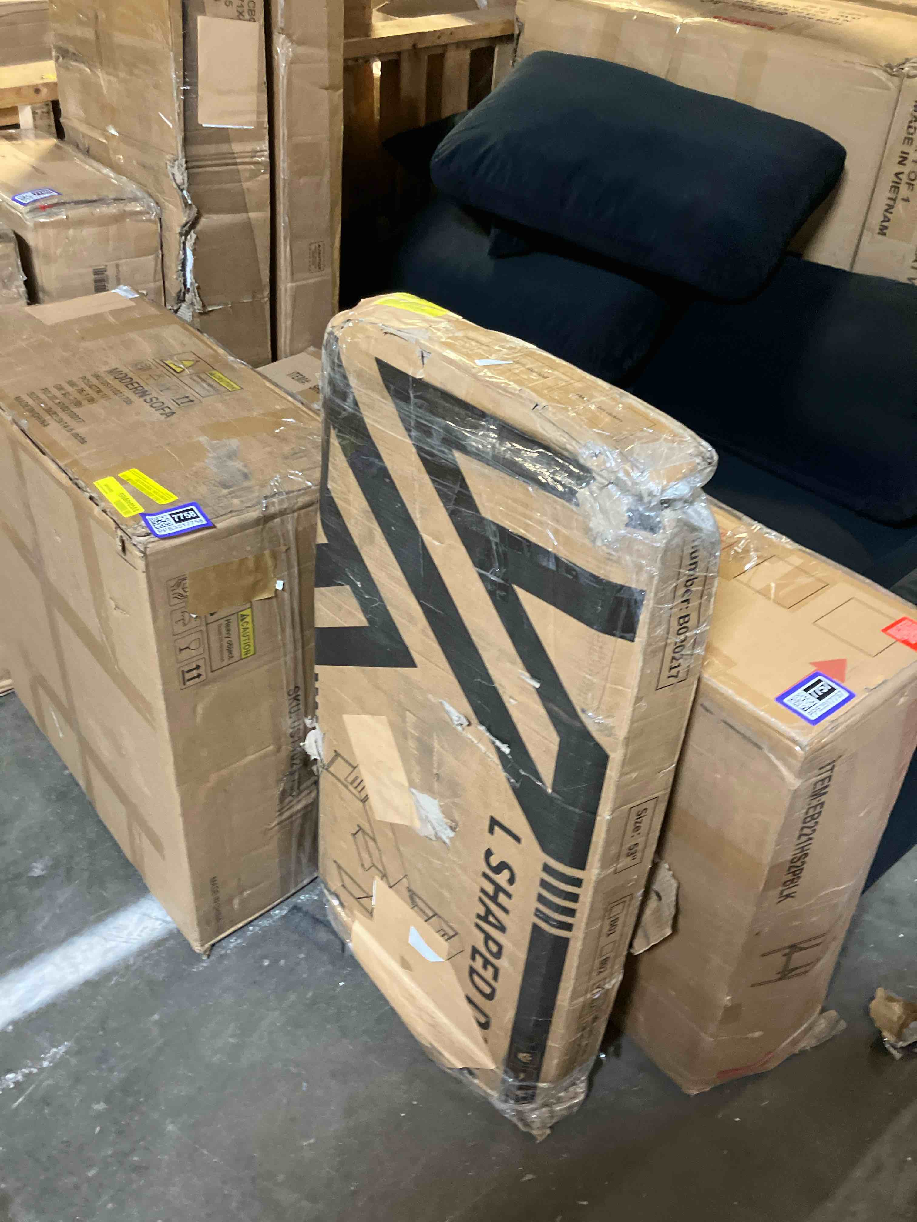 Condition photo showing As Is for L-shaped Desk With Power Outlet, Gaming Desk With Led Light, Reversible L-shaped Computer Desk With Shelf, Corner Desk With Storage Bag&hook, Home Office Desk With Cpu Stand (Box damaged missing hardware)