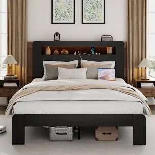Wooden Bed Frame With Storage Headboard