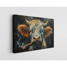 Cow Smoking Cigar Canvas Print, Modern Wall Art Decor for Home & Office