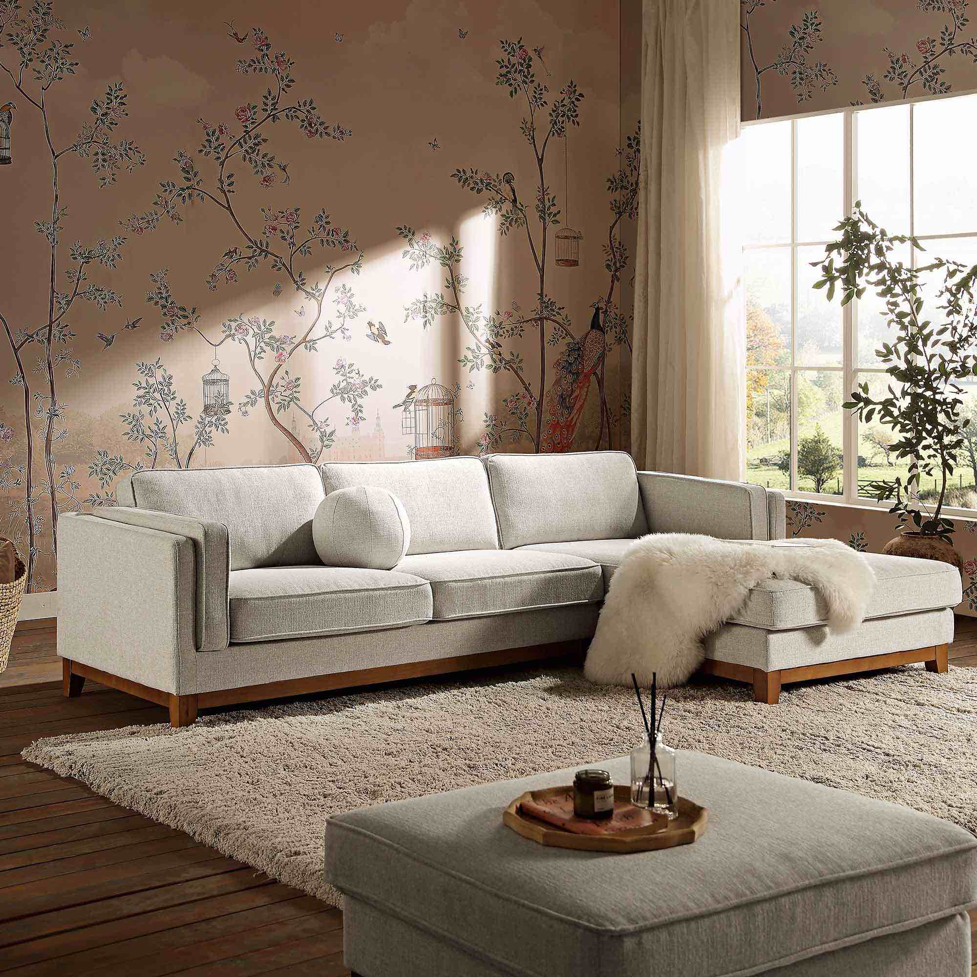 dipley oatmeal woven fabric sofa, grande chaise sofa right hand facing (incomplete)