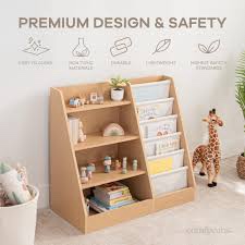comfy cubs kids bookshelf 32 x 22 x 3 inches - sturdy plywood montessori shelf with soft & hard shelves for toys & books - easy access organizer