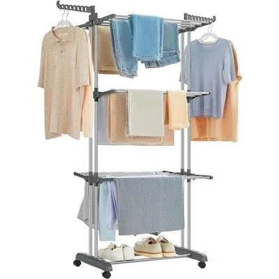 songmics clothes drying rack stand 4-tier, foldable laundry drying rack 68.1-inch tall, steel, rolling clothes horses dryer rack, easy to assemble, indoor outdoor use, dove gray 