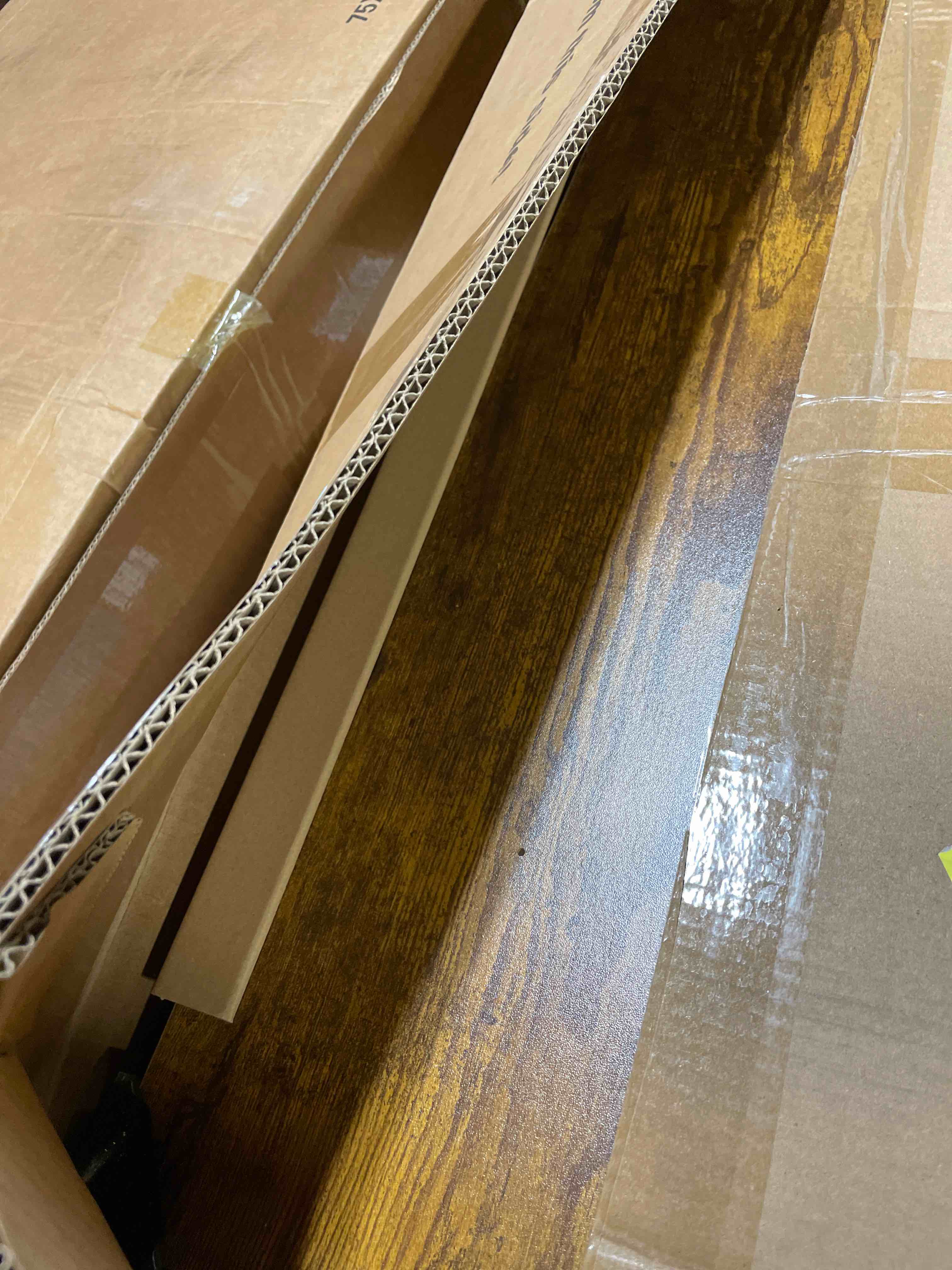 Condition photo showing New/Like New for Veken 47.2"×27.6" Standing Desk with Storage Drawers, Adjustable Height Computer Table with Monitor Shelf, Home Office Desk for Study, Gaming, Workstation, Brown