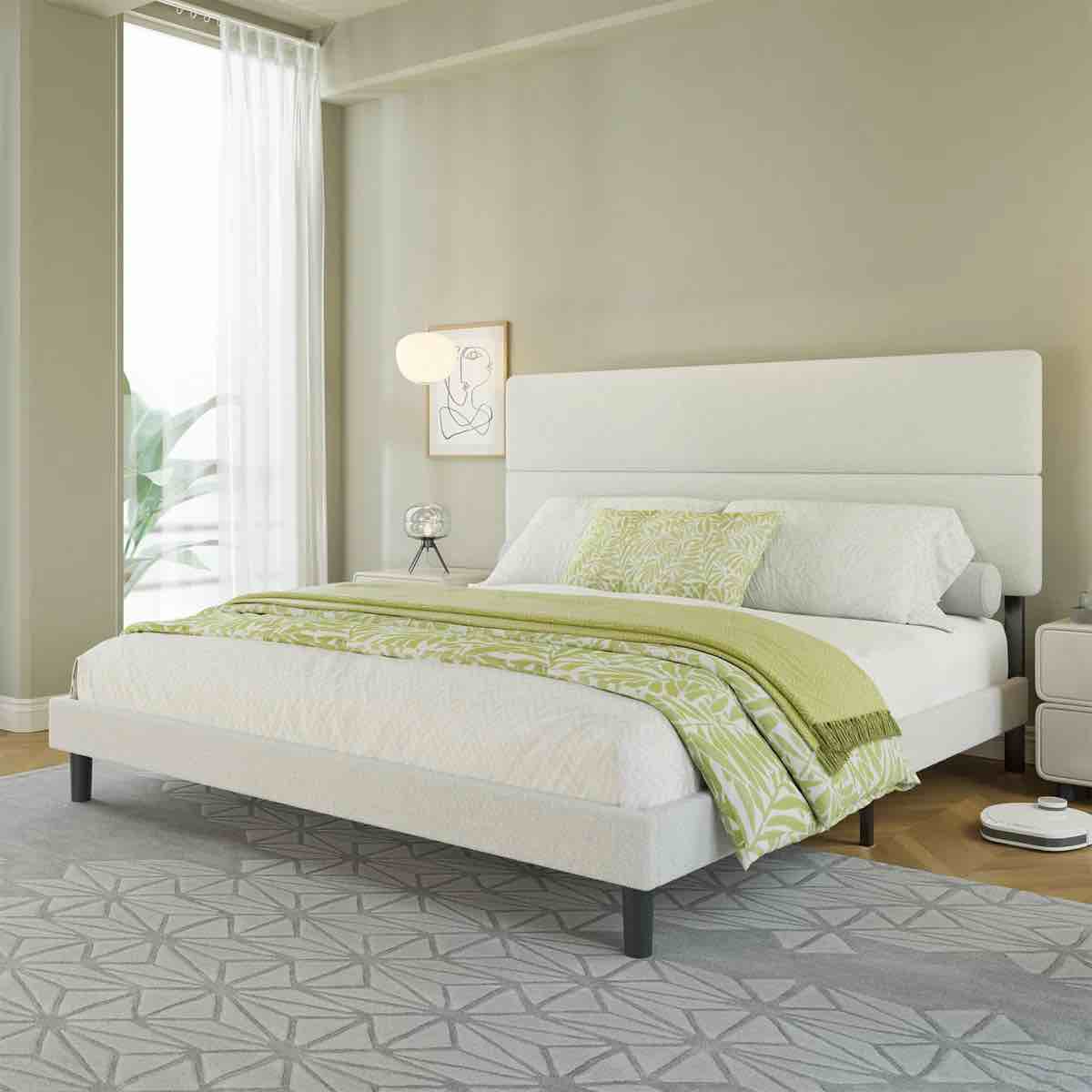 Boucle King Size Upholstered Bed Frame With 50" High Adjustable Headboard,White By Ebern Designs